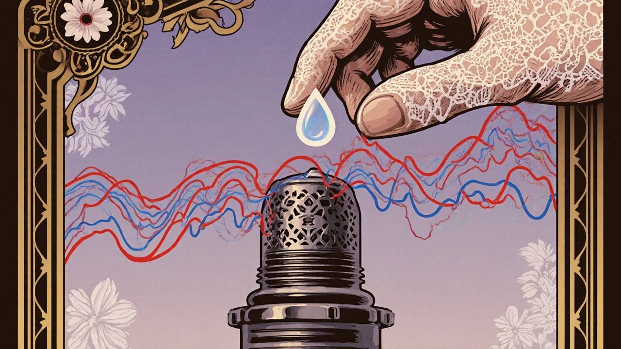 Sensore MAF con fili a trama fine pulito da una mano elegante, circondato da motivi floreali e dati distorti in colori vivaci.