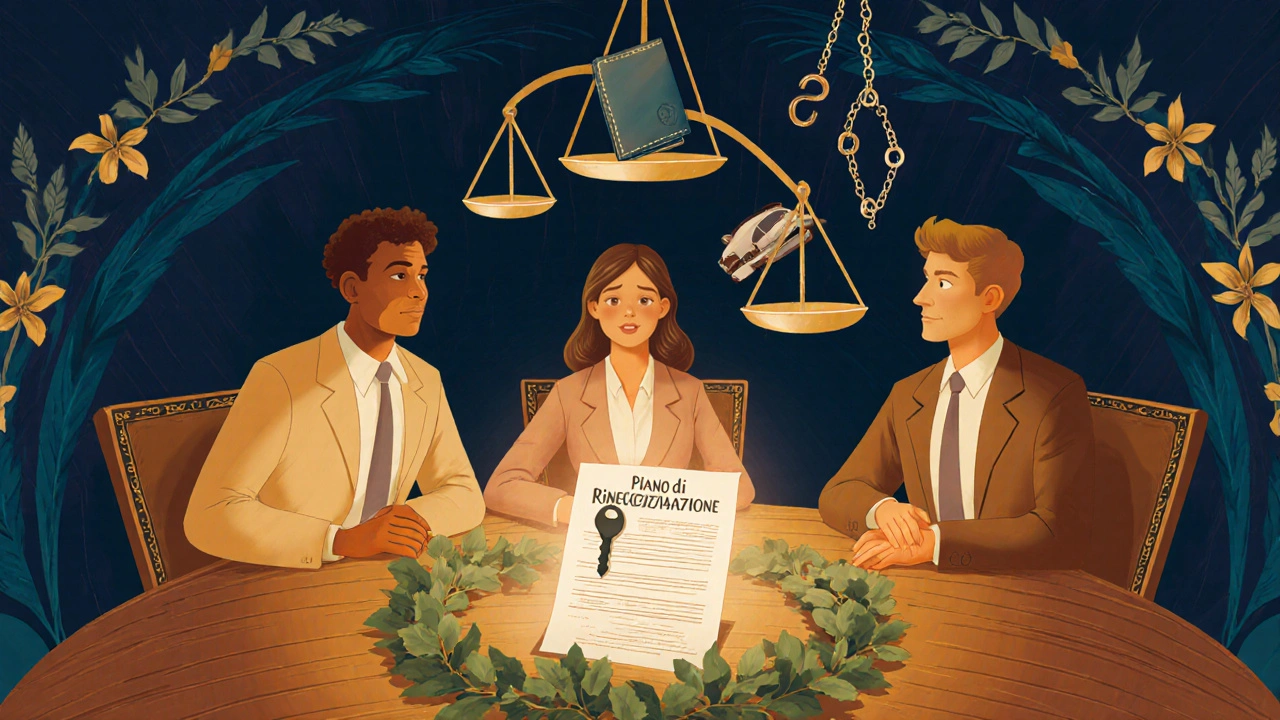 Tre professionisti italiani seduti a un tavolo con una chiave d'auto e un piano di rinegoziazione luminoso, circondati da motivi floreali.