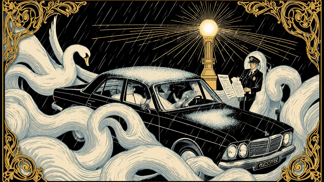 Un'auto danneggiata dalla grandine viene consegnata un bollettino meteorologico da un agente, circondata da motivi floreali e venti stilizzati.