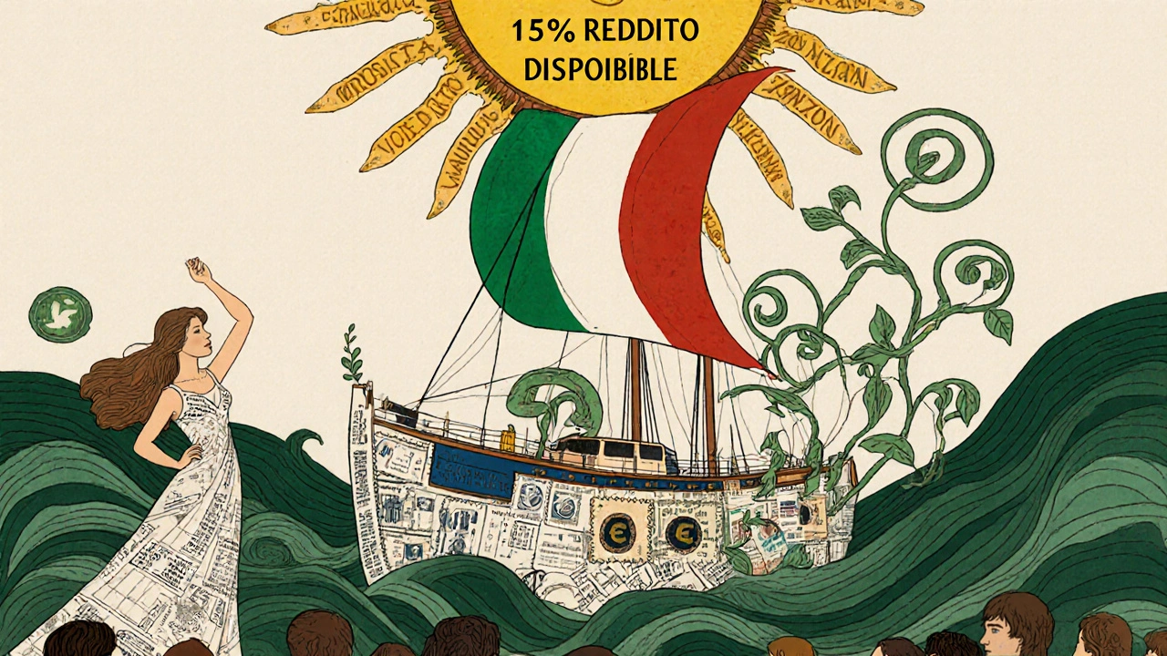 Una donna che guida un'auto trasformata in nave da guerra contro debiti, avvolta da viti di simboli finanziari e luce dorata.