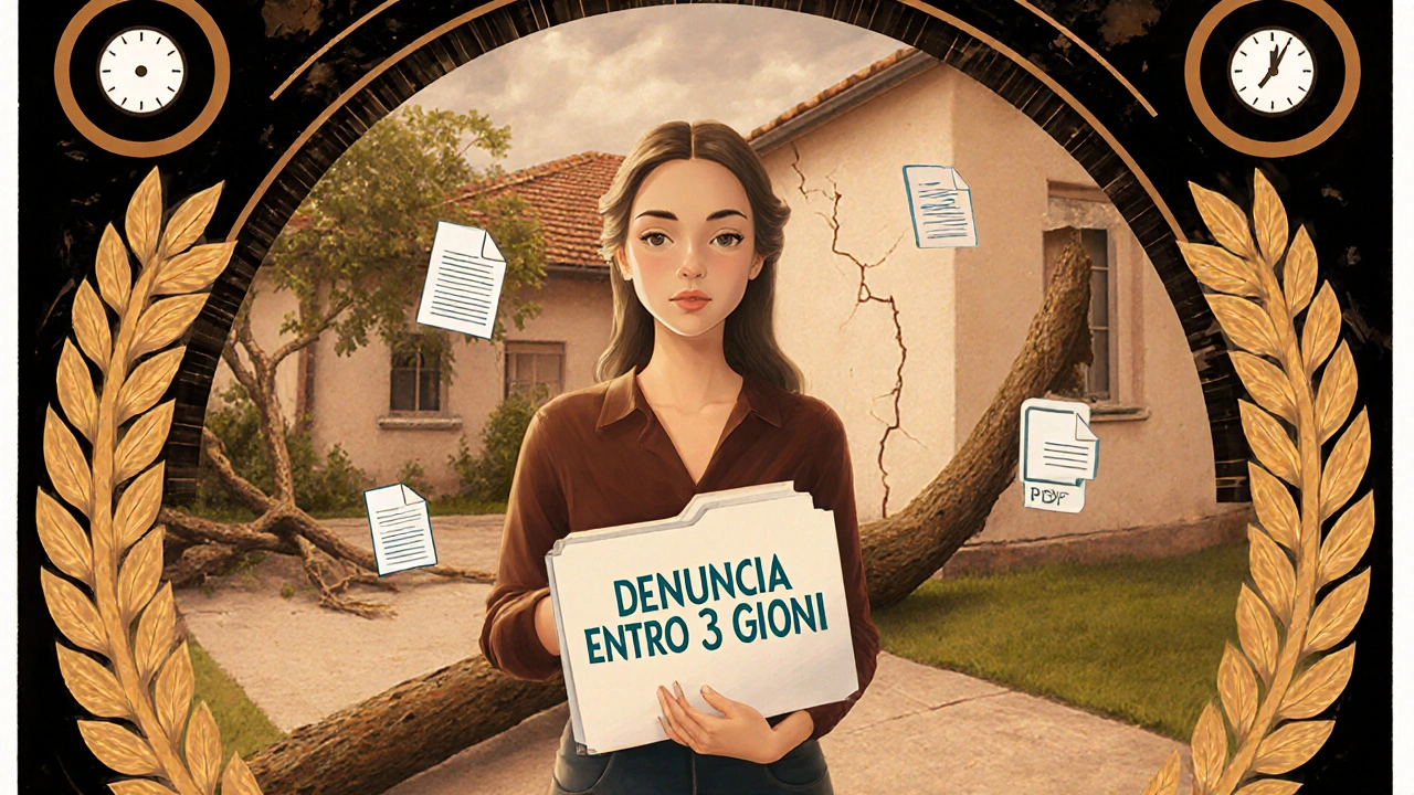 Una donna tiene un documento di denuncia mentre danni da tempesta la circondano, con icone di prove e un orologio che segna il limite temporale.