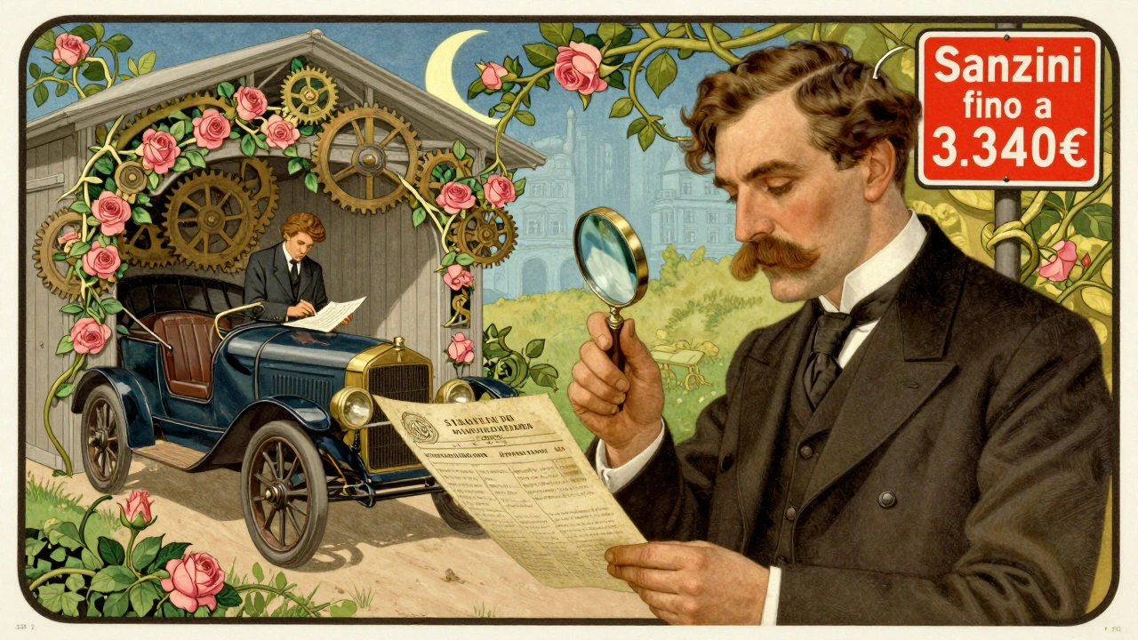 Uomo che esamina documenti auto mentre intorno a lui germogliano ingranaggi e rose, con un avviso di sanzione tra i rampicanti.
