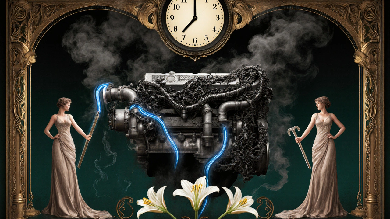 Valvola EGR ostruita da fuliggine a forma di ivy, risanata da flussi di luce blu, in uno stile decorativo ispirato agli annunci anni 1900.