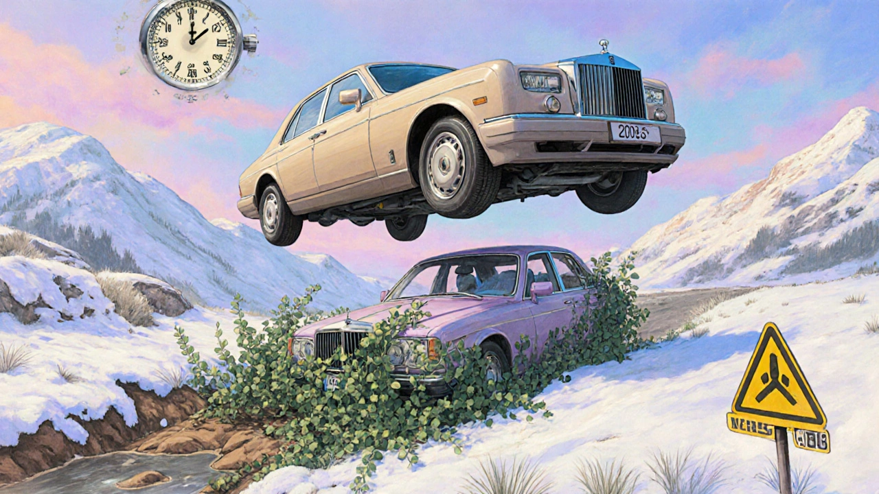 Auto con sospensioni pneumatiche sollevata su strada innevata, accanto a un&#039;auto troppo bassa bloccata, in stile Art Nouveau con cielo pastello e orologio simbolico.