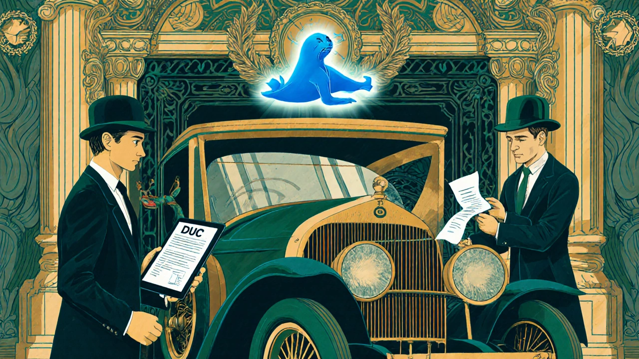 Auto d&#039;epoca davanti a un centro revisioni con meccanico che controlla un pneumatico e bollino blu sopra il parabrezza.