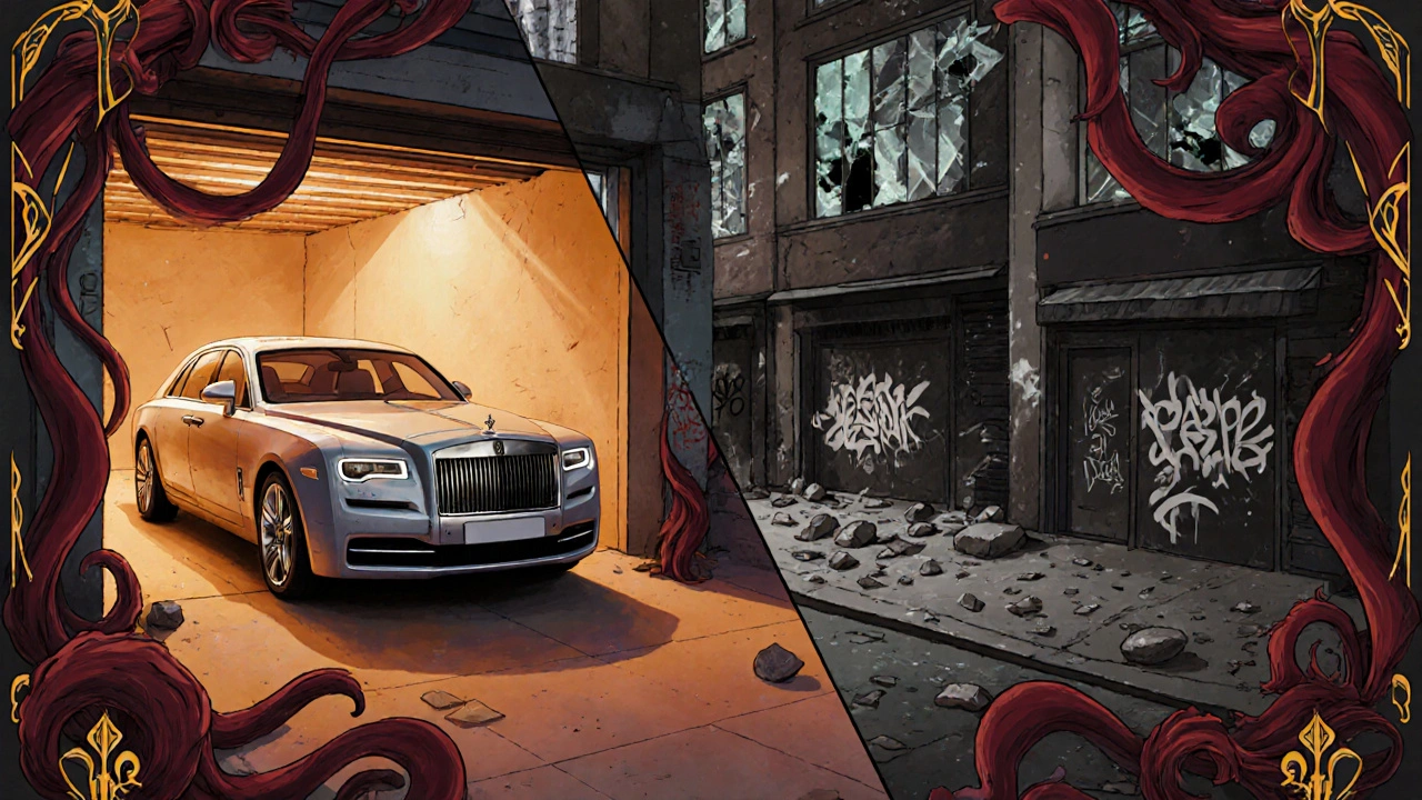Auto in garage sicuro vs auto danneggiata in strada, confronto stilizzato in stile Art Nouveau.
