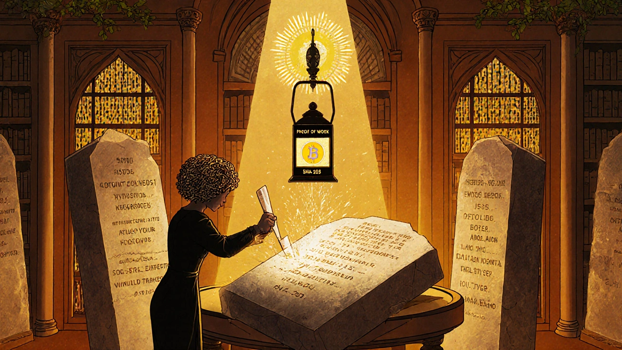 Biblioteca con tavolette di pietra che mostrano transazioni Bitcoin, un tentativo di manomissione viene bloccato da schemi crittografici luminosi.