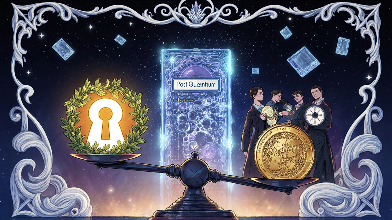 Bilancia con chiave privata e indirizzo pubblico, un computer quantistico in lontananza, scienziati regolano algoritmi futuri tra arabeschi floreali.