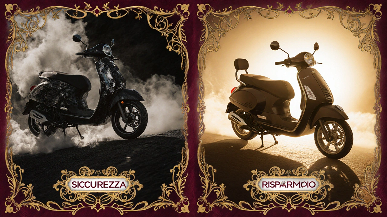 Confronto in stile Art Nouveau: scooter in difficoltà vs. scooter che scorre fluido, con componenti del variatore visibili.