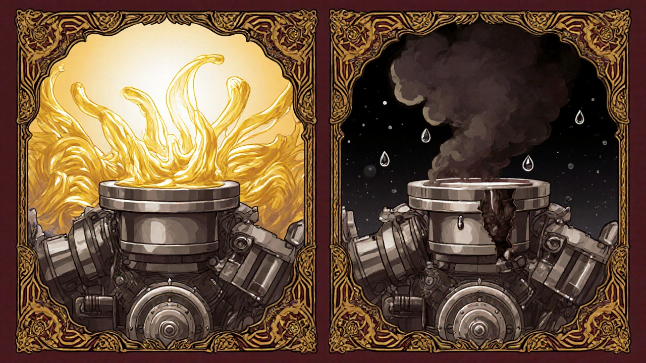 Confronto tra cilindro sano e difettoso con onde di compressione e perdite d&#039;olio, stile Art Nouveau.