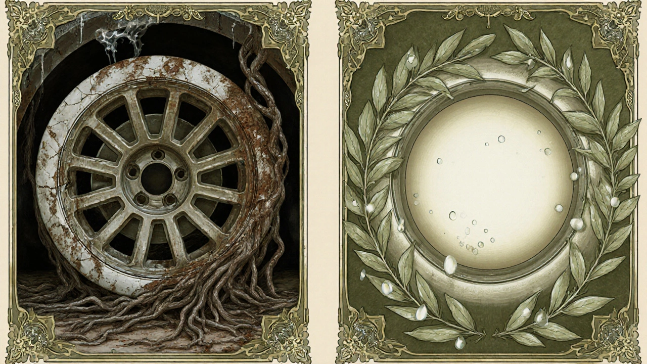 Contrasting illustration of a corroded wheel versus a clean one, framed by ornate Art Nouveau details.