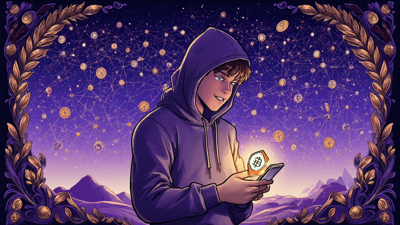 Contributor receiving crypto payment amid a glowing DAO network under a starry horizon.