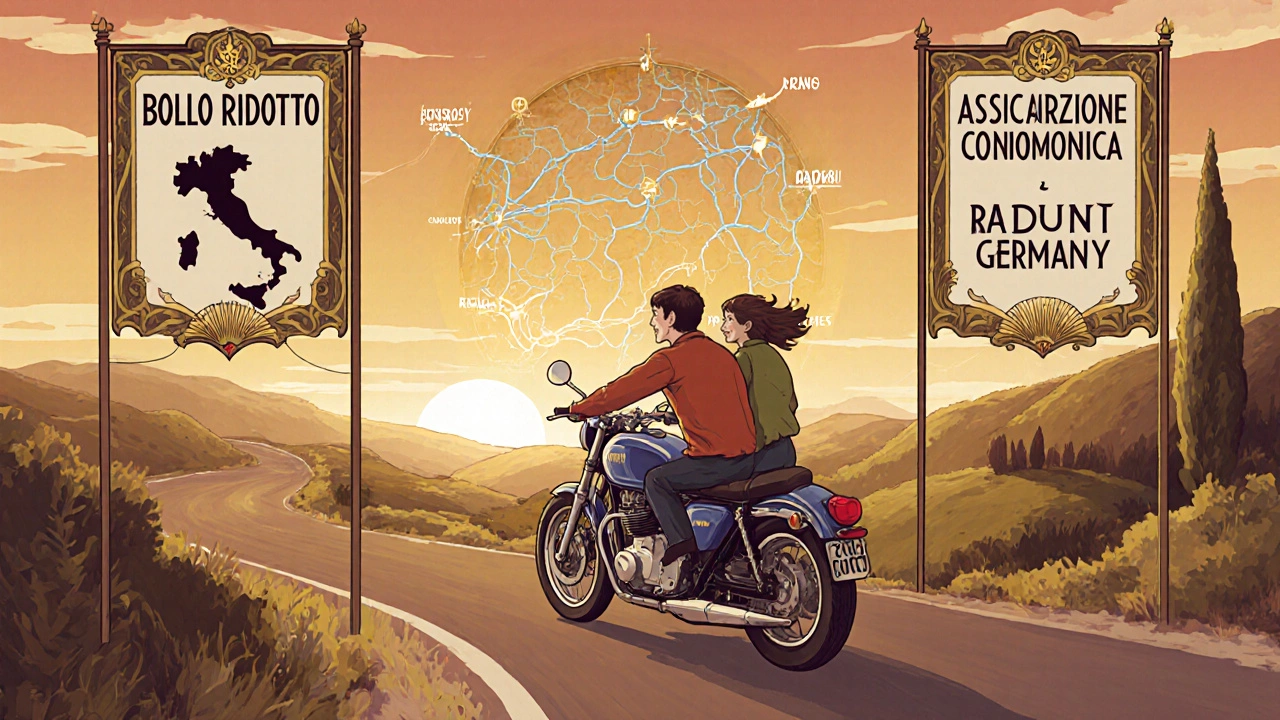 Coppia che guida una moto d&#039;epoca su una strada italiana, con cartelli che mostrano i vantaggi dell&#039;iscrizione ASI.