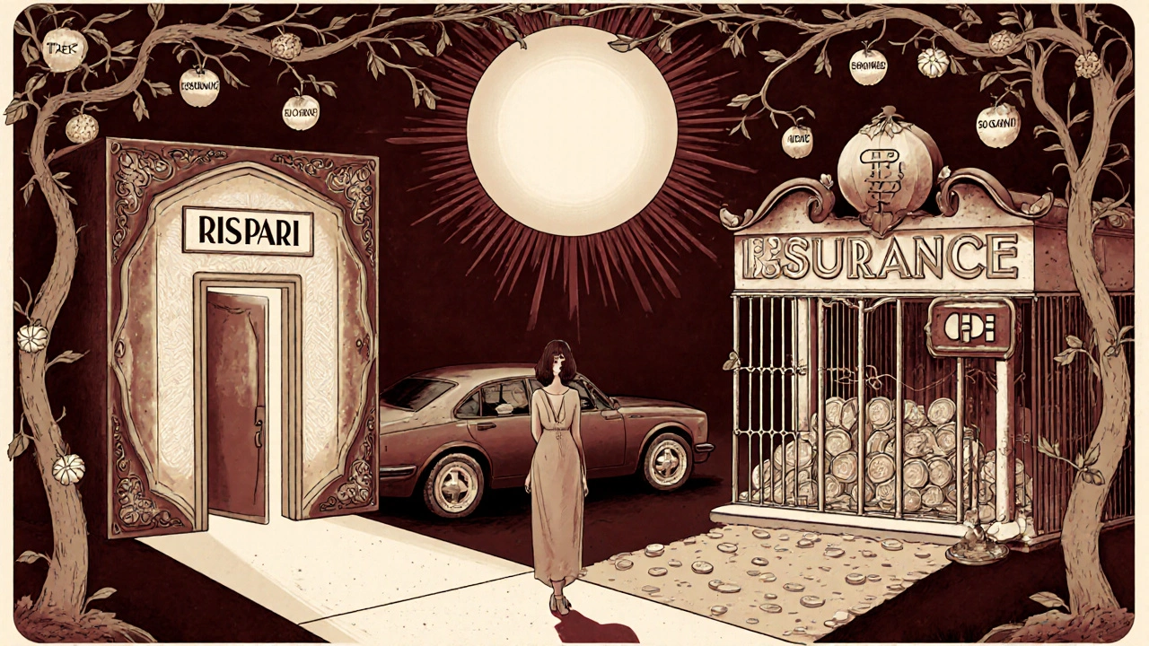 Donna alla crocevia tra risparmi e assicurazione CPI, con simboli di esclusioni e TAEG in stile floreale.