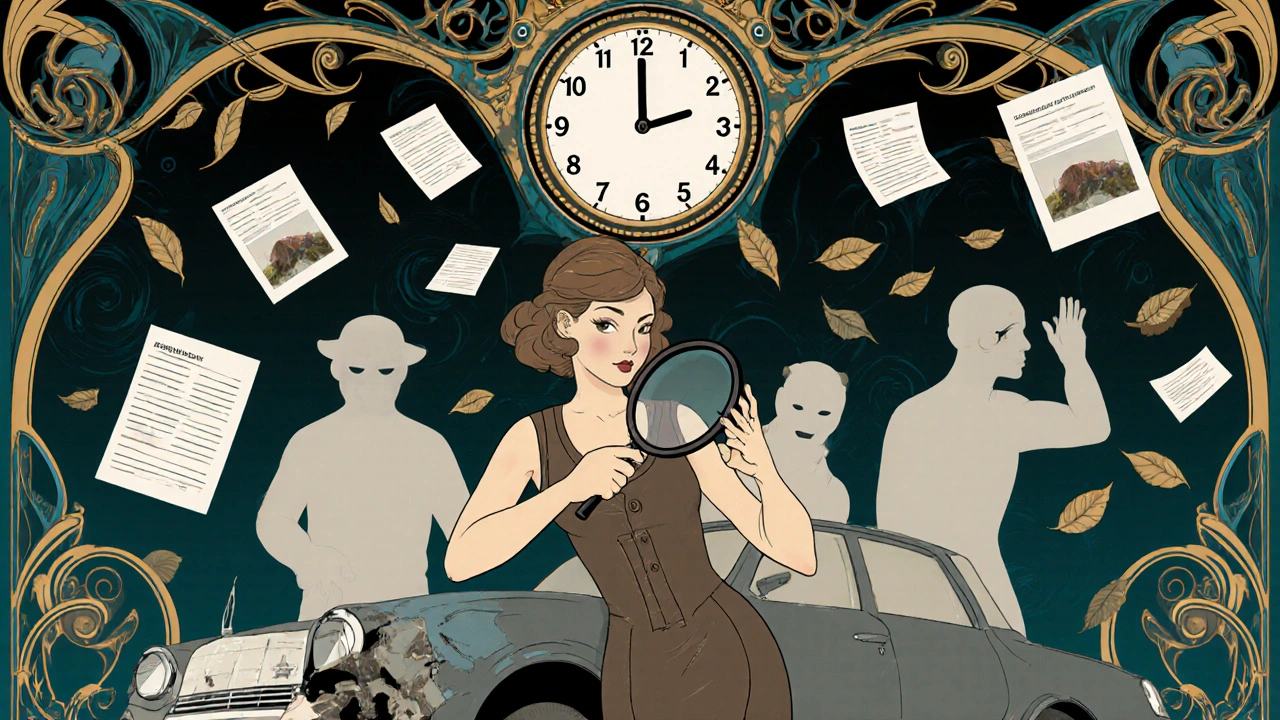 Donna esamina danni auto con magnificante, vandali fantasma e orologio che scade, stile Art Nouveau.