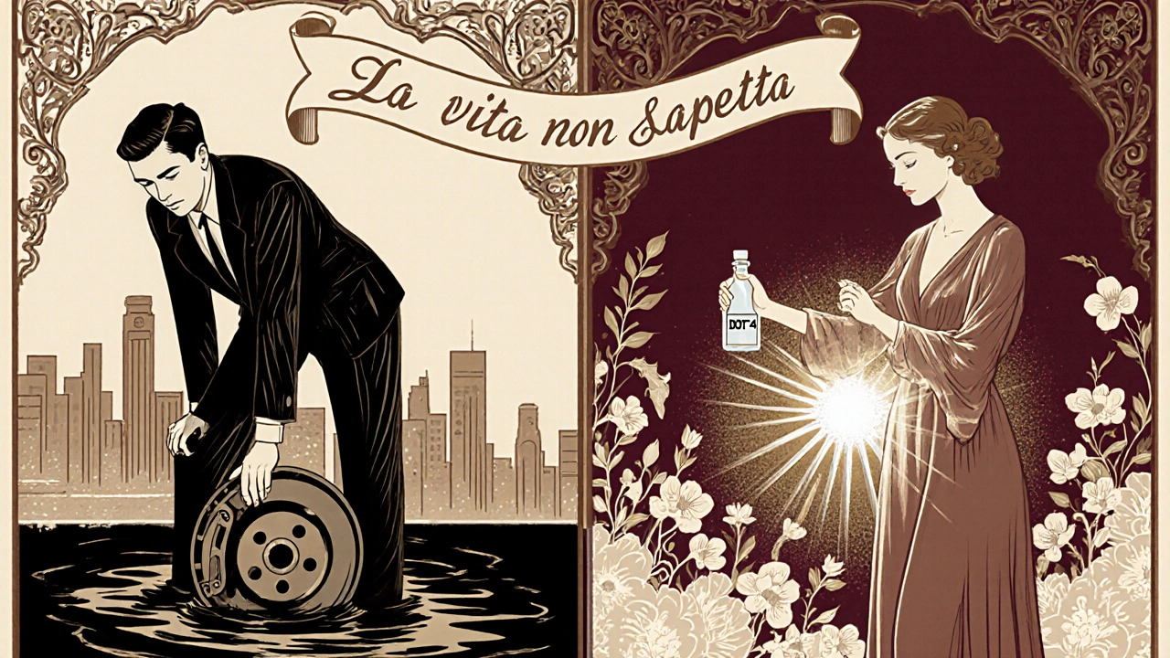 Due figure contrapposte: uno spaventato e uno calmo, con un flacone di liquido freni che illumina la scena.