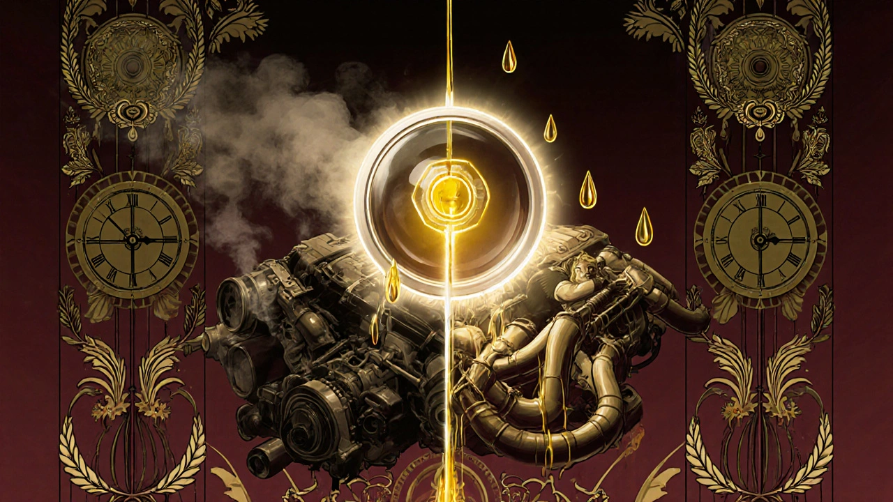 Due metà di un motore: uno danneggiato e uno sano, separati da una lente che ingrandisce una guarnizione rotta, in stile Art Nouveau.