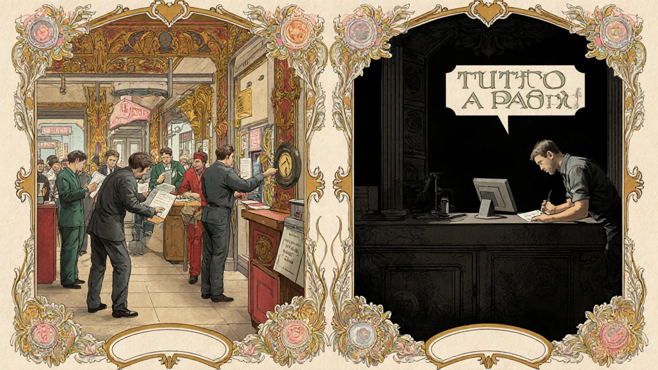 Due officine contrapposte: una curata e certificata, l&#039;altra affrettata, in stile decorativo Art Nouveau.