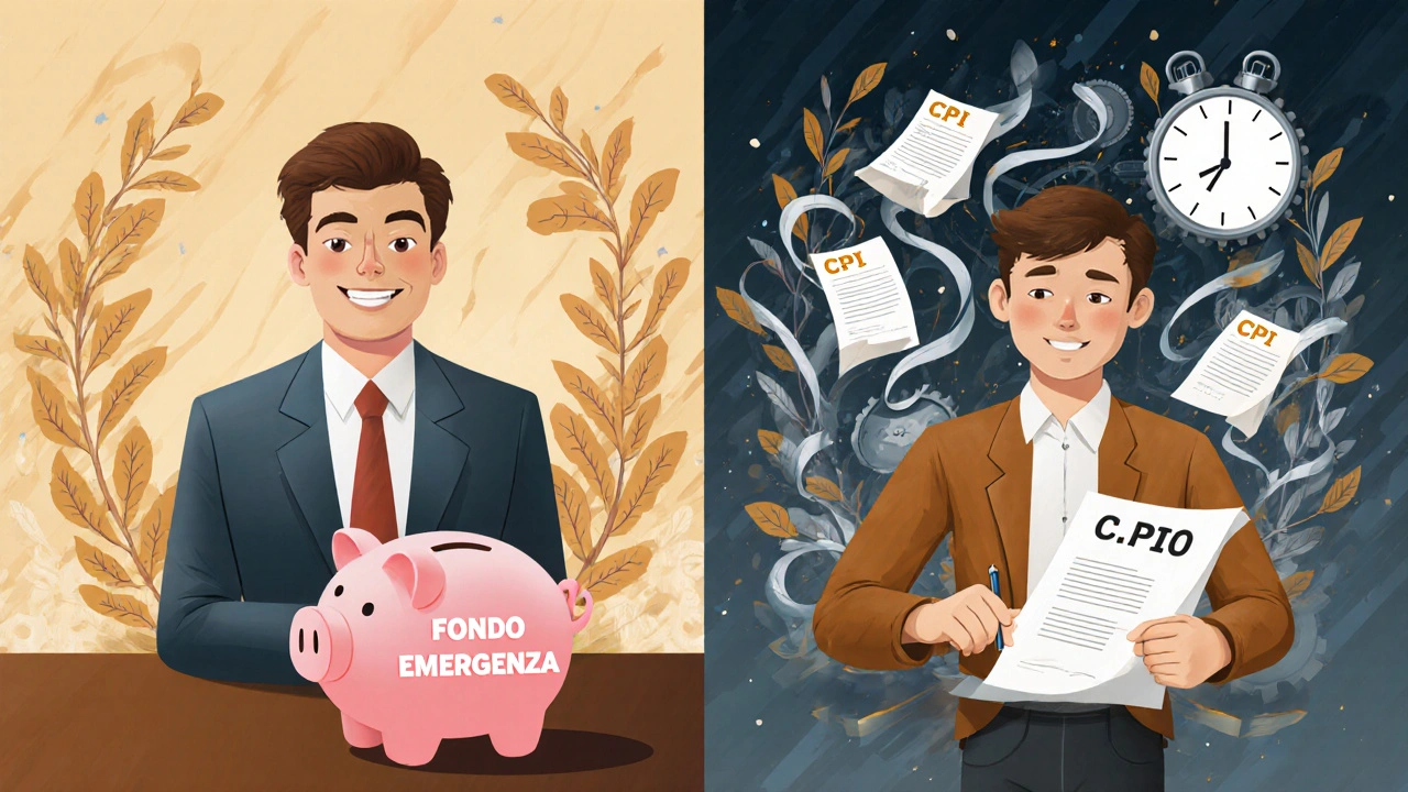 Due uomini: uno con un salvadanaio, l&#039;altro che firma un contratto complesso, in stile Art Nouveau.