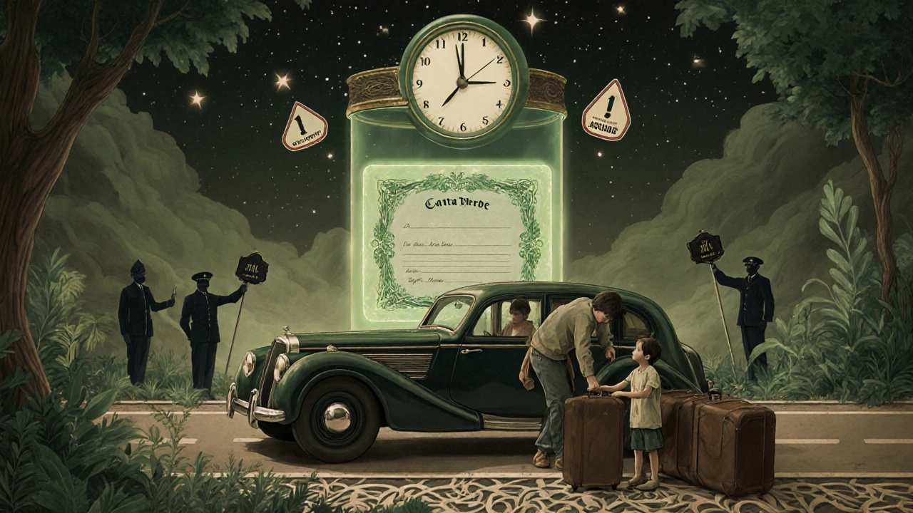 Famiglia che parte in auto con la Carta Verde fluttuante sul parabrezza, un orologio celeste segna la scadenza.