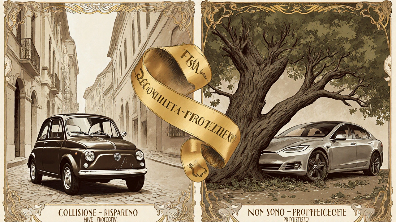 Illustrazione a due pannelli: auto economica con graffio e auto di lusso sotto un albero, stile Art Nouveau con didascalie contrastanti.