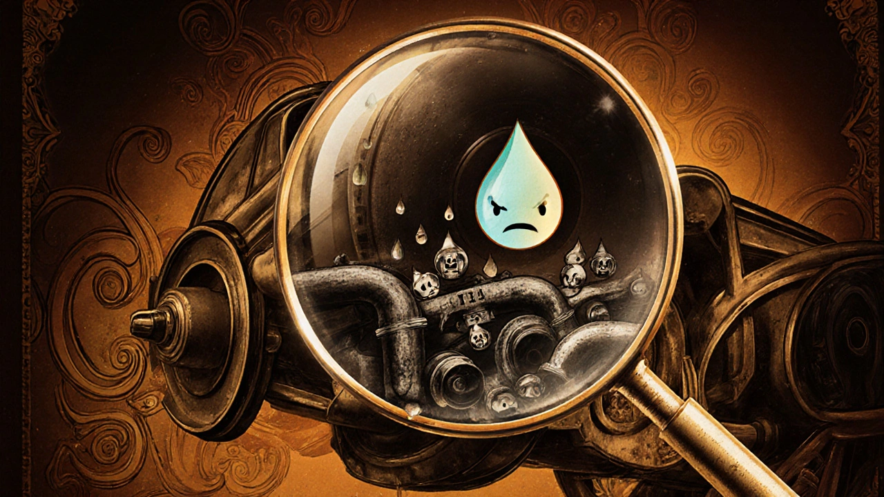 Lente d&#039;ingrandimento che mostra tubi corroditi attaccati da gocce d&#039;acqua, mentre una goccia di liquido DOT4 li salva.