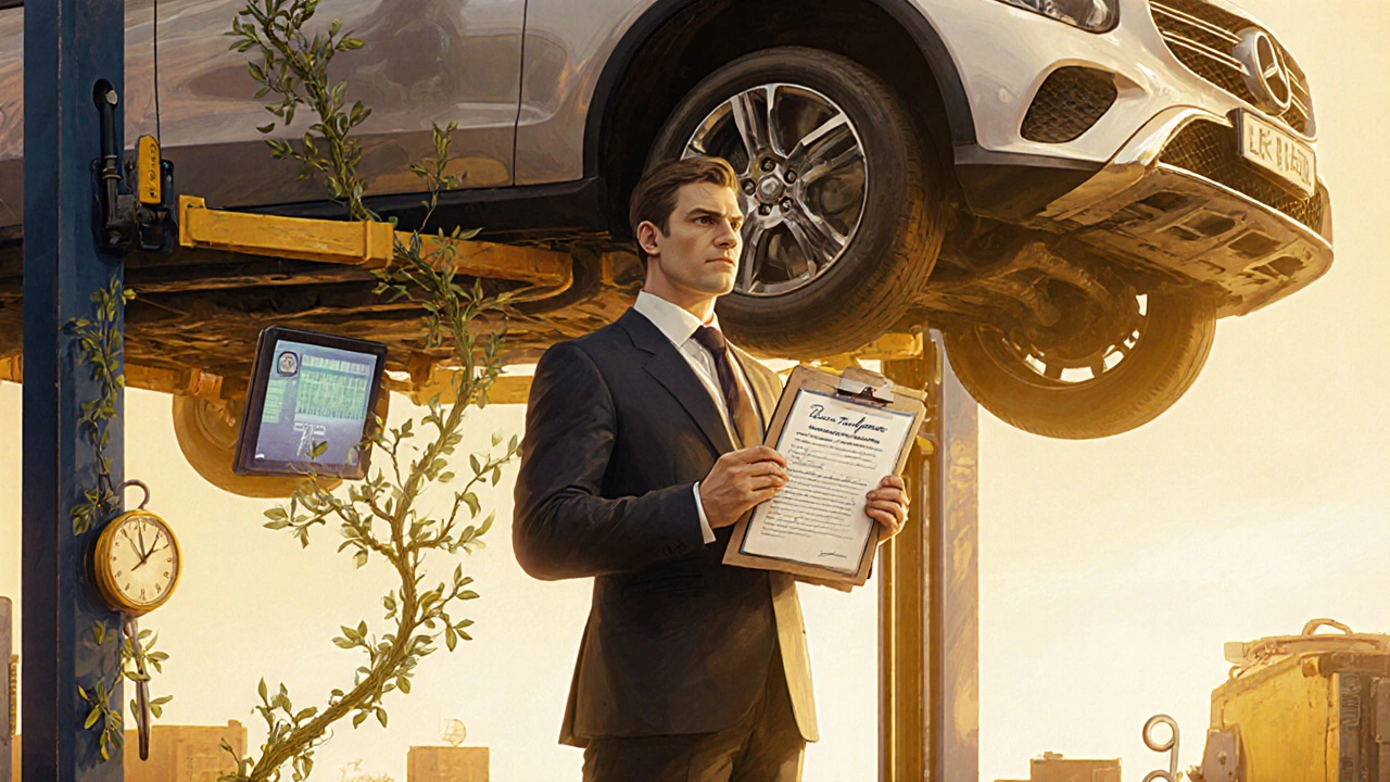 Meccanico che consegna un certificato firmato accanto a un&#039;auto, con strumenti diagnostici e un orologio che segna 75 minuti.