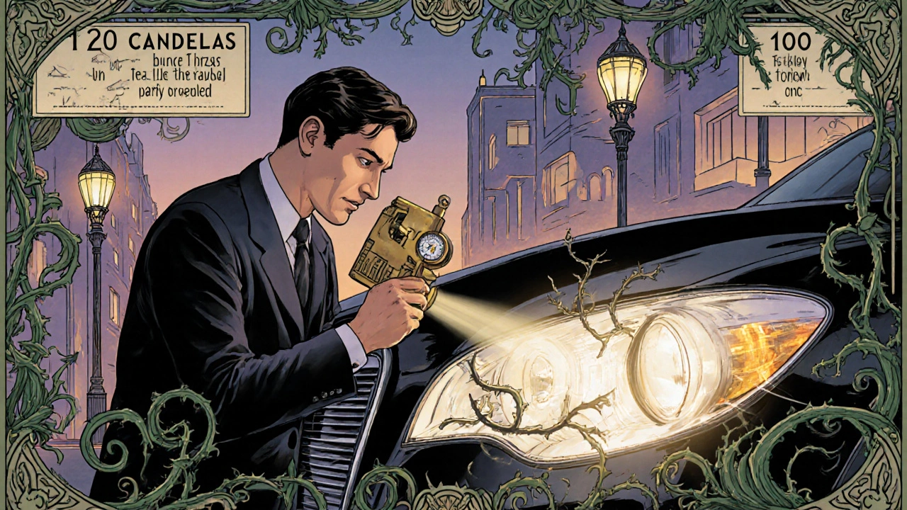 Meccanico che controlla i fari con strumenti antichi, circondato da motivi floreali e misurazioni luminose.