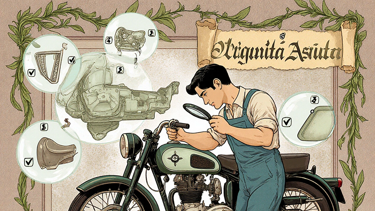 Meccanico che controlla il motore originale di una moto storica con strumenti e dettagli tecnici fluttuanti.