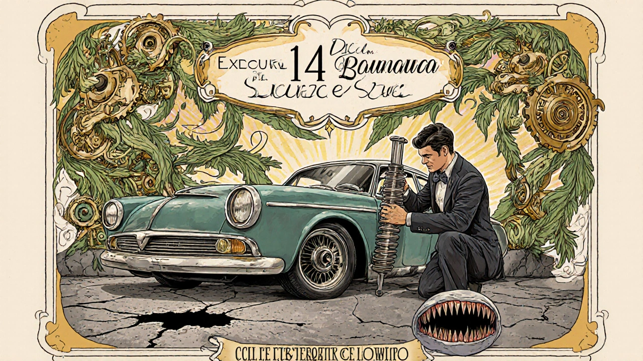 Meccanico che installa sospensioni coilover su un&#039;auto italiana, con motivi ornamentali e un&#039;iscrizione che celebra l&#039;altezza ideale di 14 cm.