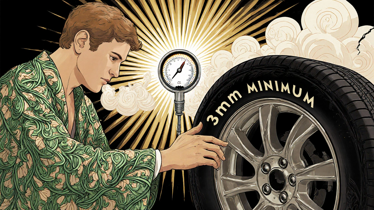 Meccanico che ispeziona un pneumatico con battistrada a 3 mm, circondato da simboli decorativi di pressione e sicurezza.