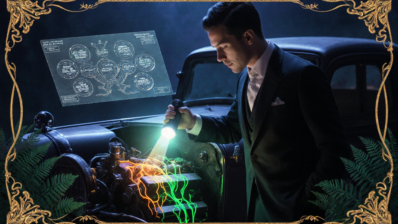 Meccanico che usa una luce UV per rivelare perdite d&#039;olio fluorescenti su un motore, con motivi ornamentali che fluiscono intorno.