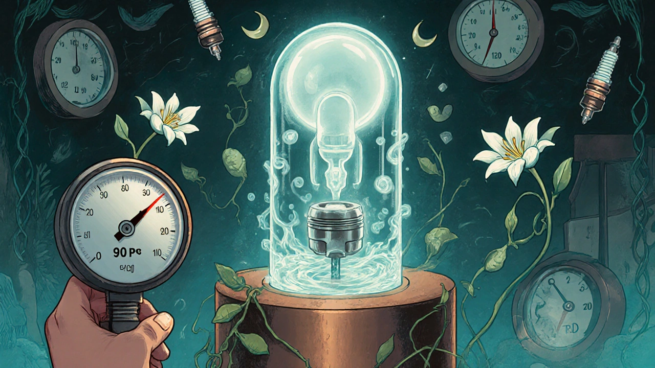 Meccanico con manometro e pistone trasparente in un ambiente da pubblicità Art Nouveau.