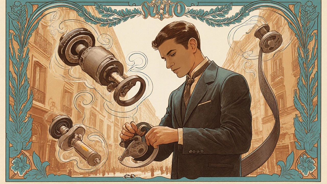 Meccanico elegante che sostituisce i rulli del variatore, circondato da diagrammi floreali della trasmissione.