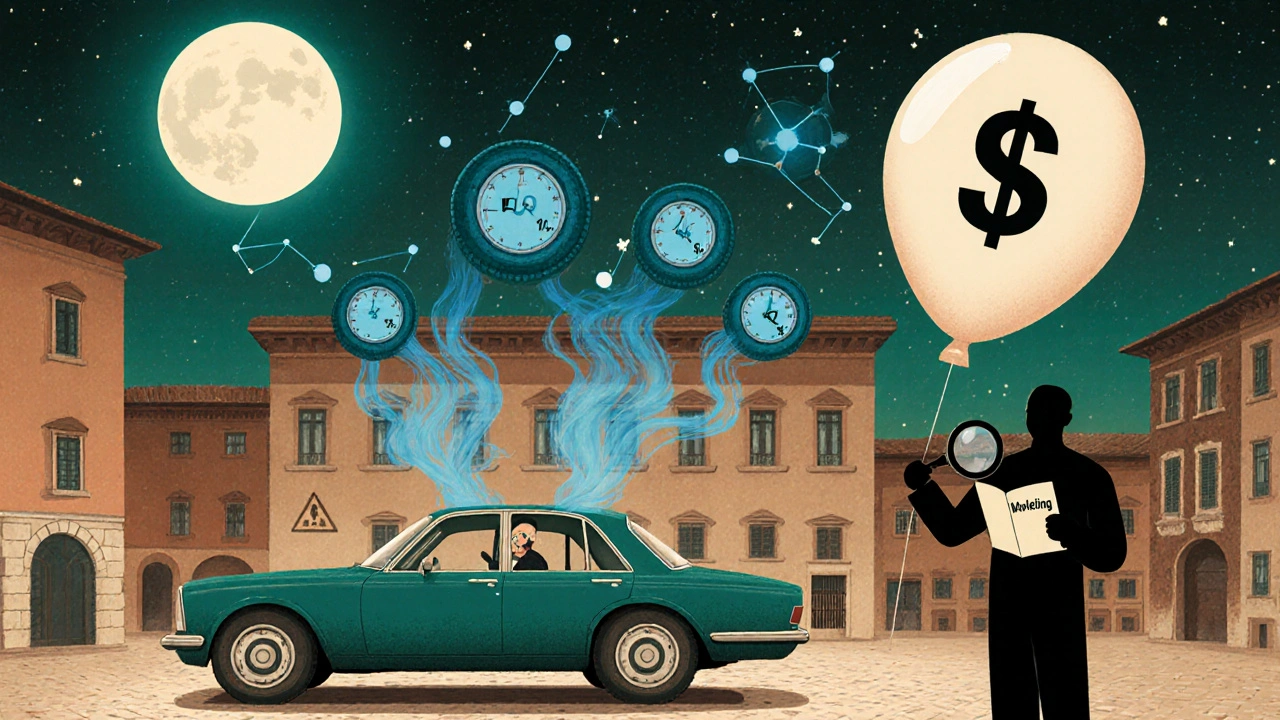 Night scene of an Italian car with nitrogen vapors forming pressure gauge constellations, stylized in Art Nouveau.