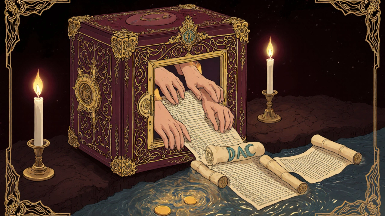 Ornate vault releasing cryptocurrency into a global river, symbolizing decentralized treasury.