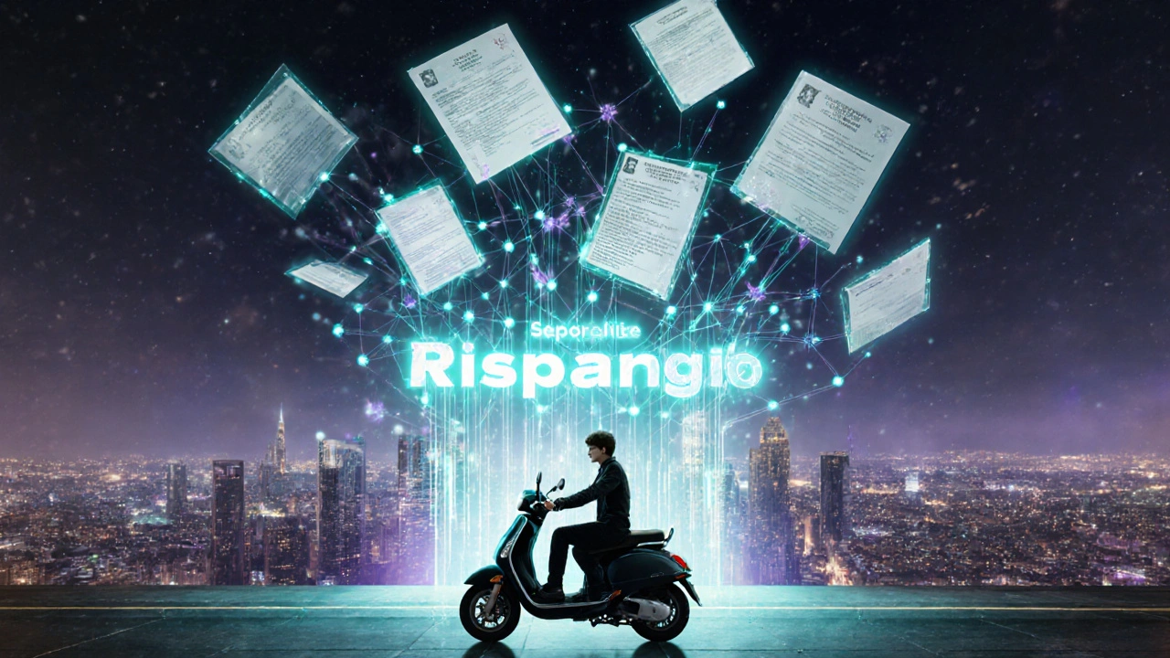 Portale digitale della Legge Bersani 2025 con documenti che fluttuano in stile Art Nouveau.