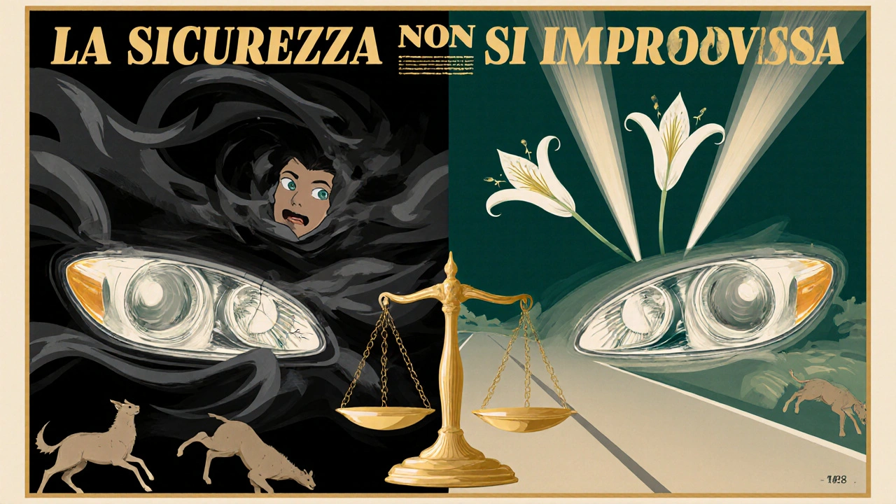 Poster diviso: fari sbagliati causano panico, fari corretti guidano in sicurezza, stile Art Nouveau.