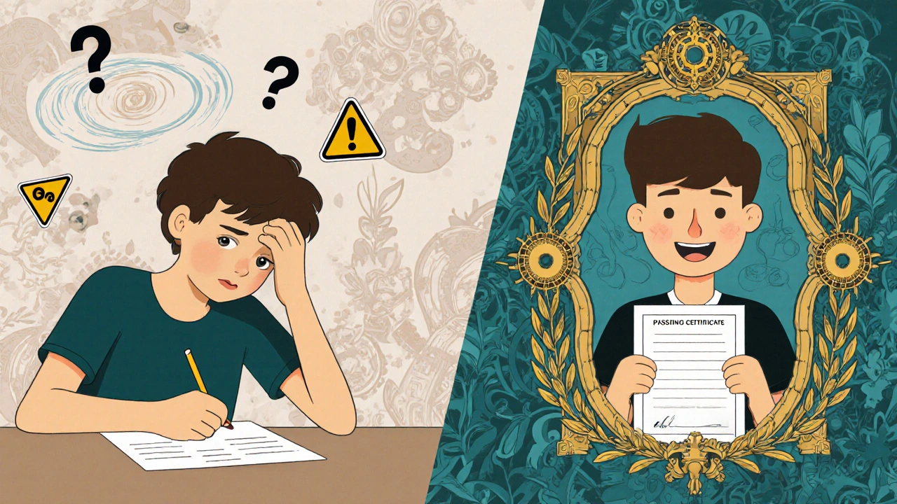 Ragazzo che supera l&#039;esame teorico della patente AM, con simboli di vittoria e motivi ornamentali.