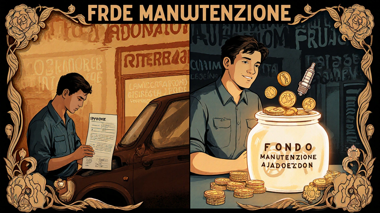 Scena divisa: da un lato un&#039;auto rotta e un conto salato, dall&#039;altro un risparmiatore sereno con un barattolo di risparmio a forma di ingranaggi.