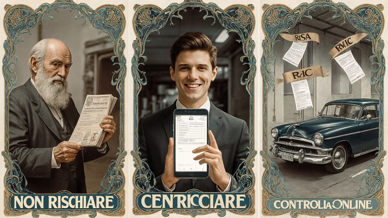 Triptych che mostra tre casi di documenti per revisione auto: cartaceo, digitale e auto storica con certificati.