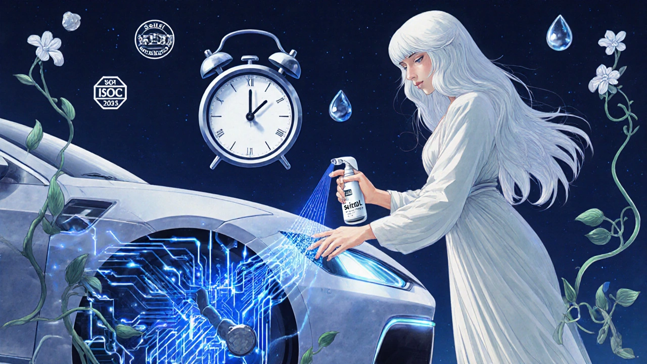 Un&#039;auto elettrica viene protetta da nanoparticelle d&#039;argento in un&#039;immagine stilizzata Art Nouveau.