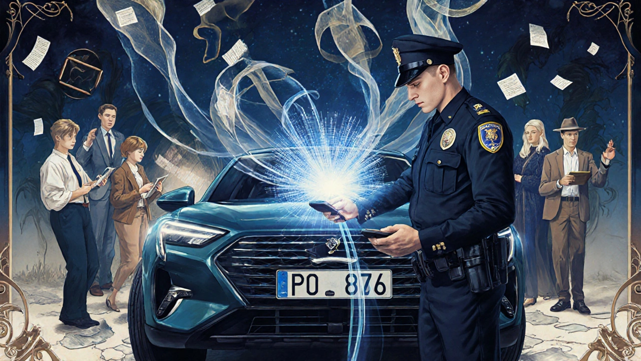 Un agente di polizia verifica la copertura assicurativa con dati digitali fluttuanti, in stile Art Nouveau.