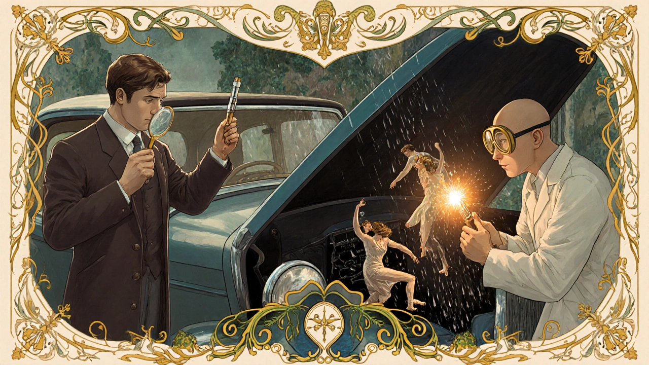 Un conducente ispeziona con una lente un vano motore dove piccoli componenti elettronici danzano, mentre un tecnico li ripara con strumenti artistici.