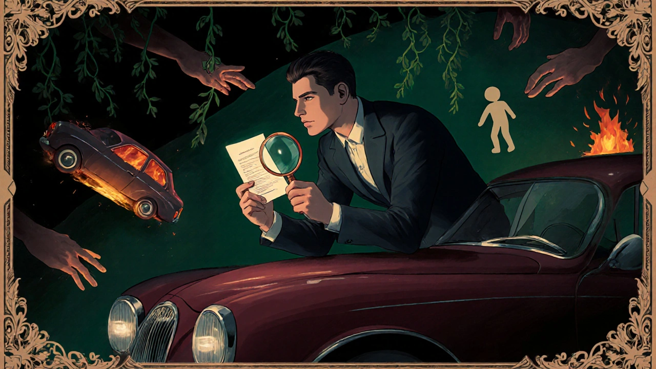 Un meccanico esamina un documento assicurativo in un garage, mentre auto non assicurate vengono fermate da mani di vite protettive, in stile decorativo.