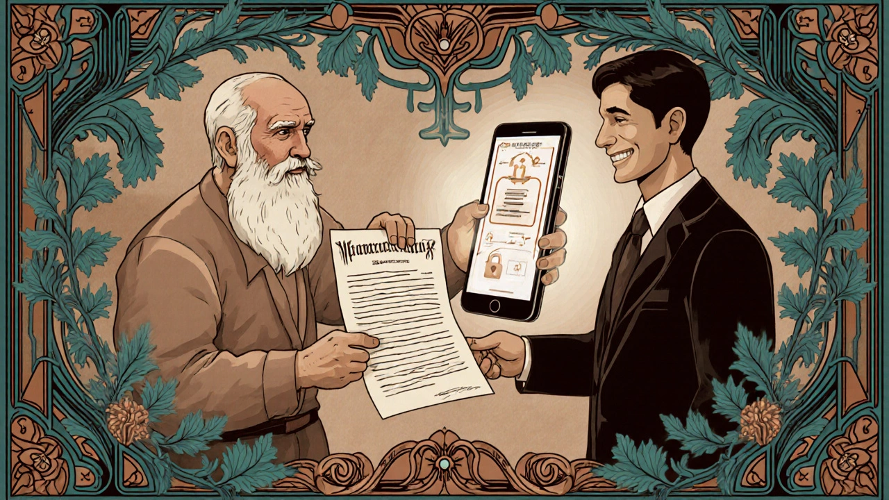 Un uomo anziano consegna un documento cartaceo a un agente, mentre uno smartphone mostra la polizza digitale.