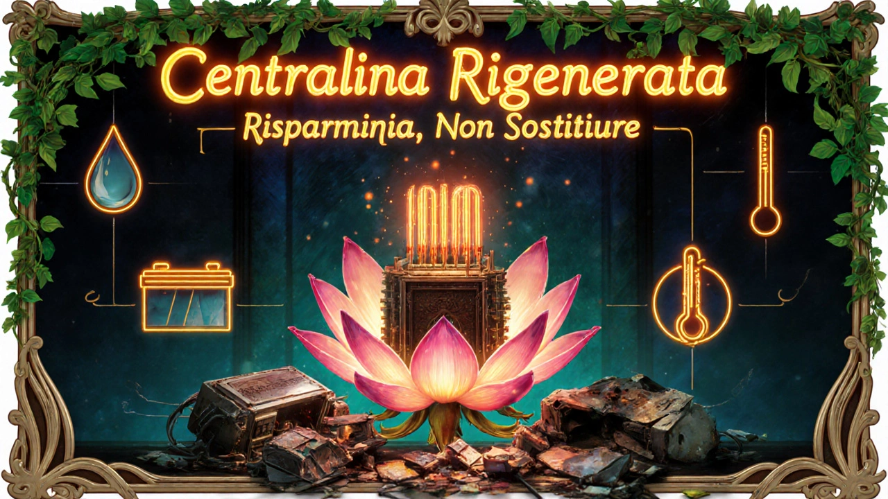 Una centralina rigenerata emerge da un fiore elettronico, circondata da simboli di calore, umidità e batteria, in stile Art Nouveau.