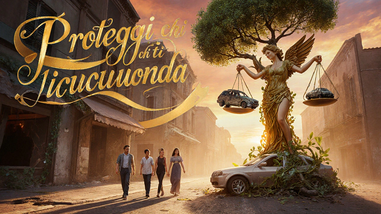 Una figura alata con bilancia d&#039;oro sorveglia una famiglia e un negozio danneggiato, simbolo della copertura RC Auto, in stile Art Nouveau.