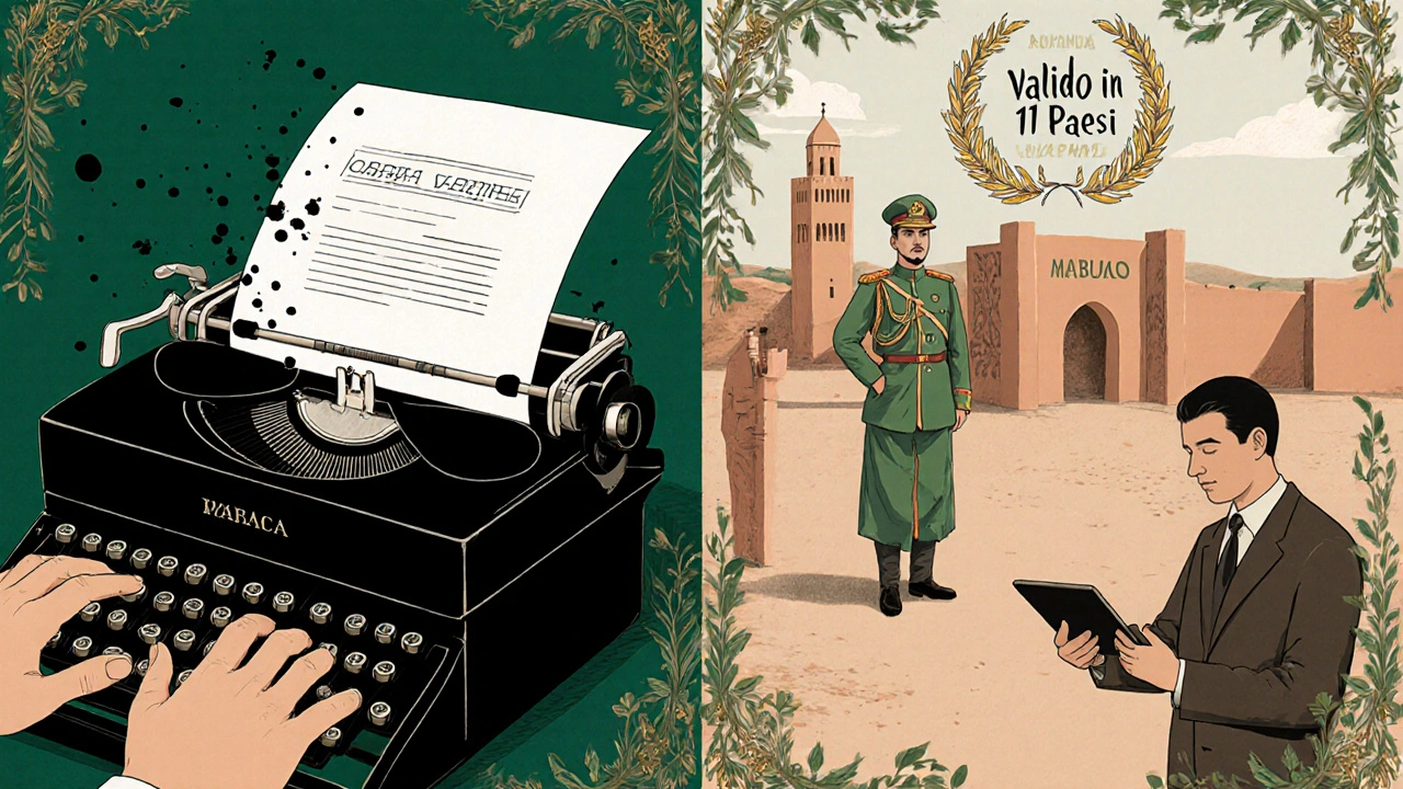 Uomo che stampa la Carta Verde su carta bianca e la mostra al confine marocchino, in stile Art Nouveau.