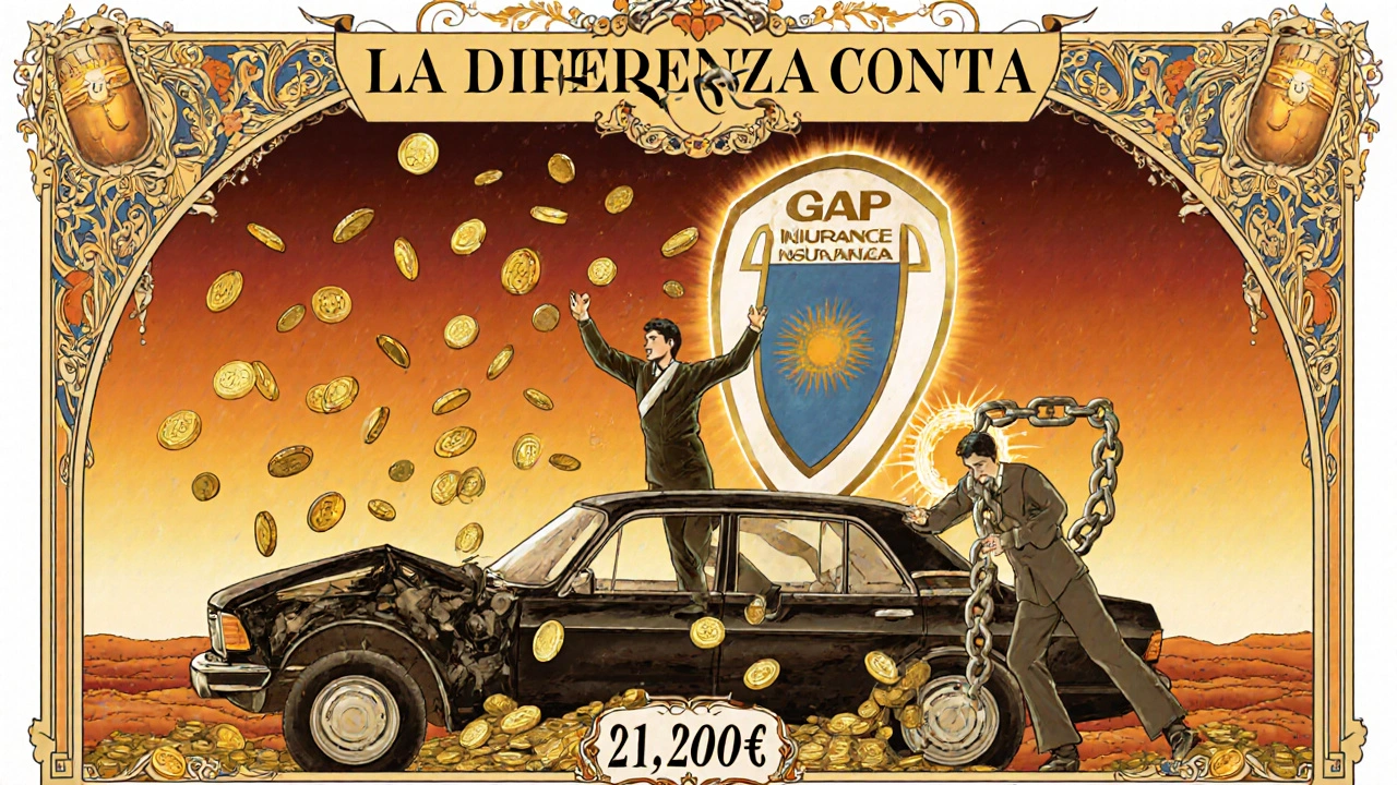 Uomo protetto da scudo GAP mentre monete cadono, altra figura schiacciata dal debito, stile Art Nouveau.